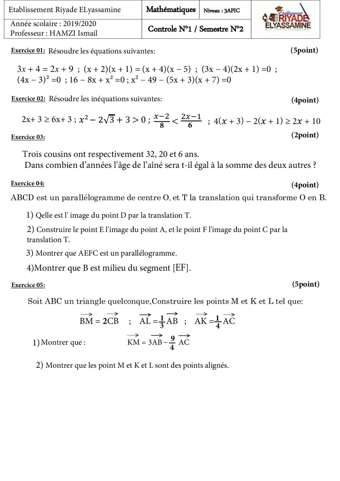 Devoir 1 Maths 3AC Semestre 2 – Modèle 3 - SchoolFibers